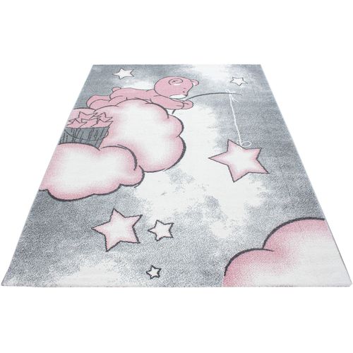 Kinderteppich AYYILDIZ TEPPICHE "Kids 580" Teppiche Gr. B: 120cm, 12mm, L: 170cm, pink (pink/grau) Kinder Teddybär, Sterne Design, Kurzflor