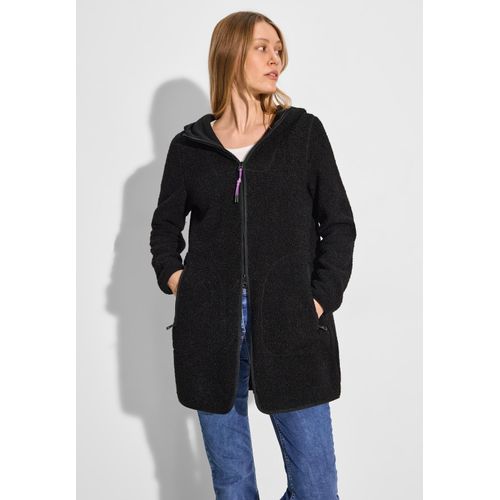 Fellimitatjacke CECIL, Damen, Gr. XL (44), schwarz, Stoff, 100% Polyester, unifarben, casual, gerade hüftbedeckend, ohne Ausschnitt, Langarm Bündchen, Jacken, mit Kapuze