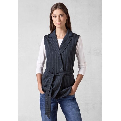 Kurzweste CECIL, Damen, Gr. XL (44), blau (deep petrol), Stoff, 68% Polyester, 20% Viskose, 8% Metallfasern, 4% Elasthan, gestreift, casual, normal normal, ohne Ausschnitt, Westen, mit Gürtel