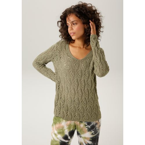 Strickpullover ANISTON CASUAL, Damen, Gr. 36, grün (khaki), Strick, Obermaterial: 100% Baumwolle, Ajourstrickmuster, unifarben, modisch, figurumspielend hüftlang, V-Ausschnitt, Langarm Rippstrickbündchen, Pullover, mit trendigem Ajour-Muster