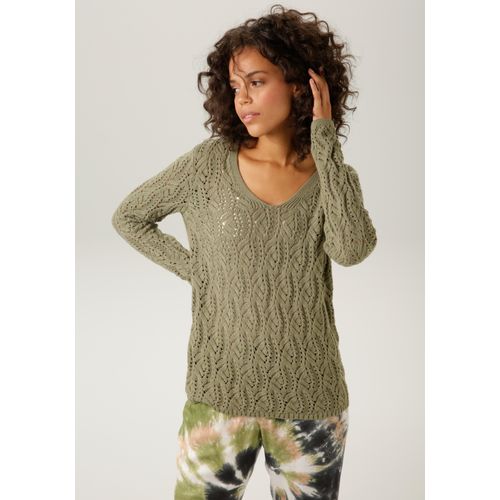 Strickpullover ANISTON CASUAL, Damen, Gr. 38, grün (khaki), Strick, Obermaterial: 100% Baumwolle, Ajourstrickmuster, unifarben, modisch, figurumspielend hüftlang, V-Ausschnitt, Langarm Rippstrickbündchen, Pullover, mit trendigem Ajour-Muster, Topseller