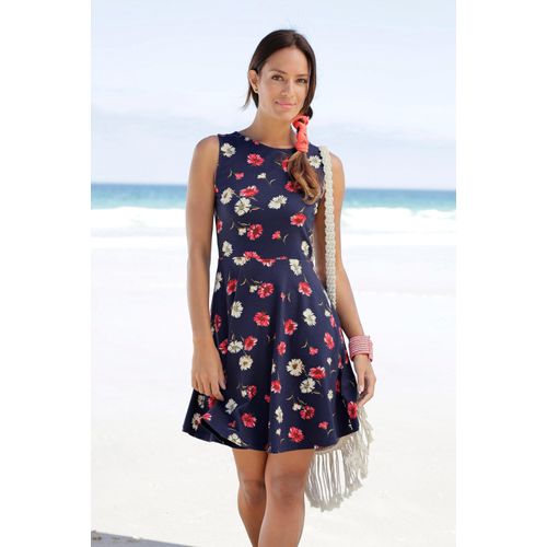 Strandkleid BEACHTIME, Damen, Gr. 34, N-Gr, bunt (marine, rot, bedruckt), Jersey, Obermaterial: 95% Baumwolle, 5% Elasthan, bedruckt, casual, figurumspielend ca. Mitte Oberschenkel, Rundhals, ohne Ärmel, Kleider, mit Blumendruck, Sommerkleid aus elastischer Baumwolle