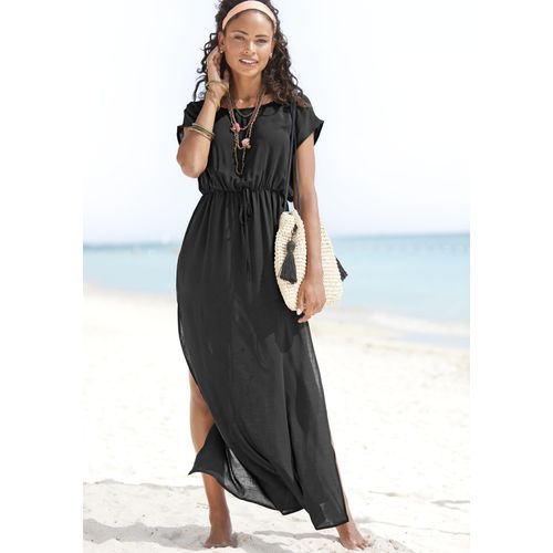 Strandkleid LASCANA, Damen, Gr. 34, N-Gr, schwarz, Web, Obermaterial: 100% Viskose, unifarben, modisch, figurumspielend bodenlang, Rundhals, Kurzarm, Kleider, aus leicht transparenter Webware, Maxikleid mit Schlitz, Sommerkleid