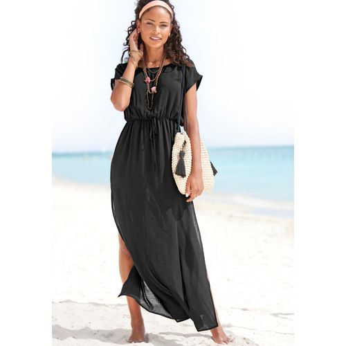 Strandkleid LASCANA, Damen, Gr. 36, N-Gr, schwarz, Web, Obermaterial: 100% Viskose, unifarben, modisch, figurumspielend bodenlang, Rundhals, Kurzarm, Kleider, aus leicht transparenter Webware, Maxikleid mit Schlitz, Sommerkleid