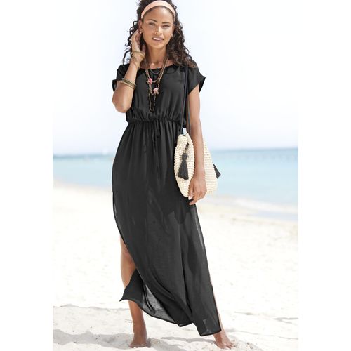 Strandkleid LASCANA, Damen, Gr. 42, N-Gr, schwarz, Web, Obermaterial: 100% Viskose, unifarben, modisch, figurumspielend bodenlang, Rundhals, Kurzarm, Kleider, aus leicht transparenter Webware, Maxikleid mit Schlitz, Sommerkleid