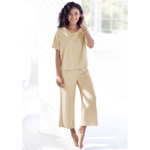 Pyjama VIVANCE DREAMS, Damen, Gr. 40/42, beige (sand), Rippware, Obermaterial: 63% Polyester, 33% Viskose, 4% Elasthan, Basic, 7/8-Länge, Kurzarm, Homewear-Sets, in weicher Ripp-Qualität