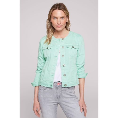 Jeansjacke SOCCX, Damen, Gr. XS, grün (minty leaf washed), Material: 66% Baumwolle, 24% Polyester, 8% Elastomultiester, 2% Elasthan, unifarben, casual, tailliert kurz, Langarm eingesetzt 1-Knopf-Manschette, Jacken