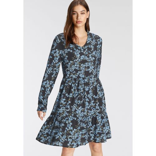 Blusenkleid TAMARIS, Damen, Gr. 40, N-Gr, schwarz (schwarz blau), Web, Obermaterial: 100% Viskose, feminin, figurbetont kniefrei, V-Ausschnitt, Langarm Manschette, Kleider, mit Volants