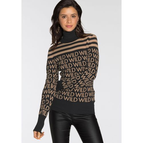 Rollkragenpullover MELROSE, Damen, Gr. 38, gelb (schwarz, camel, gestreift), Feinstrick, Obermaterial: 70% Viskose, 30% Polyamid, gestreift, feminin, sehr figurbetont hüftlang, hoch geschlossener Ausschnitt, Langarm Rippstrickbündchen, Pullover, mit Streifen und Wording