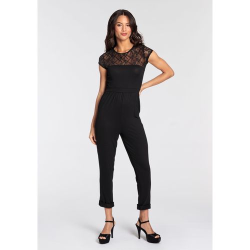 Overall MELROSE Gr. 34, N-Gr, schwarz, Damen, Jersey, Spitze, Obermaterial: 95% Viskose, 5% Elasthan. Spitze: 95% Polyester, 5% Elasthan, Overalls, mit eleganten Spitzen-Details - NEUE KOLLEKTION