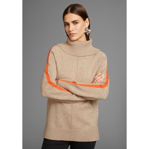 Rollkragenpullover HECHTER PARIS, Damen, Gr. 32/34, beige (sand, melange), Strick, Obermaterial: 50% Viskose, 26% Polyamid, 24% Polyester, feminin, figurumspielend hüftbedeckend, Langarm Rippbündchen, Pullover, mit Kontrastdetails