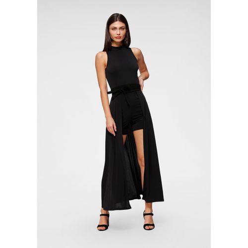 Overall MELROSE Gr. 44, N-Gr, schwarz (schwarz (overall aus nachhaltigem material)), Damen, Jersey, Obermaterial: 95% Polyester, 5% Elasthan, Overalls, mit angesetztem Rock im 2in1 Look