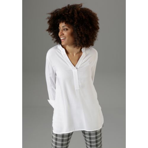 Longbluse ANISTON SELECTED, Damen, Gr. 36, weiß, Web, Obermaterial: 100% Viskose, unifarben, Basic, lässig geschnitten lang, V-Ausschnitt, Langarm lange Manschette, Blusen, mit extra-langen Manschetten, Topseller