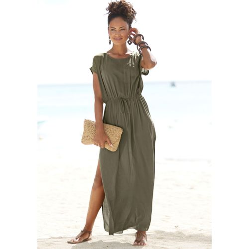 Strandkleid LASCANA, Damen, Gr. 34, N-Gr, grün (khaki), Web, Obermaterial: 100% Viskose, unifarben, modisch, figurumspielend bodenlang, Rundhals, Kurzarm, Kleider, aus leicht transparenter Webware, Maxikleid mit Schlitz, Sommerkleid