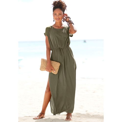 Strandkleid LASCANA, Damen, Gr. 36, N-Gr, grün (khaki), Web, Obermaterial: 100% Viskose, unifarben, modisch, figurumspielend bodenlang, Rundhals, Kurzarm, Kleider, aus leicht transparenter Webware, Maxikleid mit Schlitz, Sommerkleid