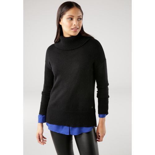 Rollkragenpullover TAMARIS, Damen, Gr. 40/42, schwarz (schwarz, melange), Strick, Obermaterial: 50% Viskose, 26% Polyamid, 24% Polyester, casual, lässig geschnitten hüftbedeckend, Langarm Strickbündchen, Pullover, mit Rippdetails