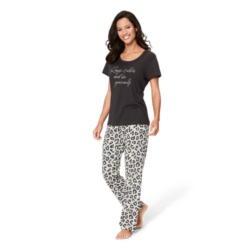 Pyjama VIVANCE DREAMS, Damen, Gr. 44/46, grau (grau, gemustert), Single Jersey, Obermaterial: 50% Baumwolle, 50% Viskose, feminin, Basic schmal lang, Rundhals, Kurzarm eingesetzt, Homewear-Sets