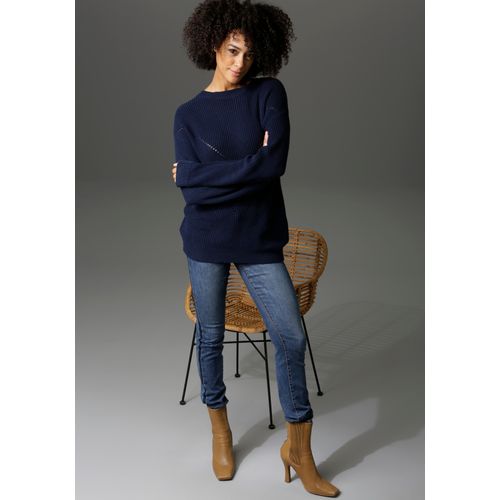 Rundhalspullover ANISTON CASUAL, Damen, Gr. 40, blau (marine), Grobstrick, Obermaterial: 100% Baumwolle, unifarben, modisch, lässig geschnitten Po-bedeckend, Rundhals, Langarm Rippstrickbündchen, Pullover Grobstrickpullover, im Mustermix
