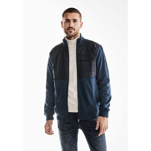 Sweatjacke STREET ONE MEN, Herren, Gr. M (50), blau (schwarz dust blau), Web, Sweatware, 50% Polyester, 50% Baumwolle, unifarben, casual, normal normal, hoch geschlossener Ausschnitt, Langarm Bündchen, Sweatjacken, mit Stehkragen