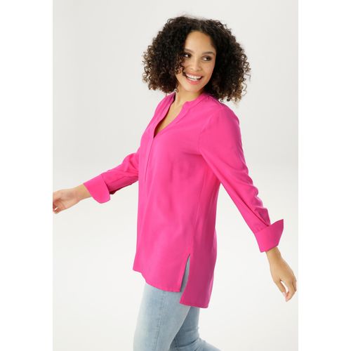 Longbluse ANISTON SELECTED, Damen, Gr. 44, pink, Web, Obermaterial: 100% Viskose, unifarben, Basic, lässig geschnitten lang, V-Ausschnitt, Langarm lange Manschette, Blusen, mit extra-langen Manschetten