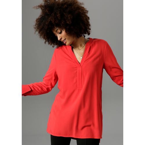 Longbluse ANISTON SELECTED, Damen, Gr. 42, rot, Web, Obermaterial: 100% Viskose, unifarben, Basic, lässig geschnitten lang, V-Ausschnitt, Langarm lange Manschette, Blusen, mit extra-langen Manschetten
