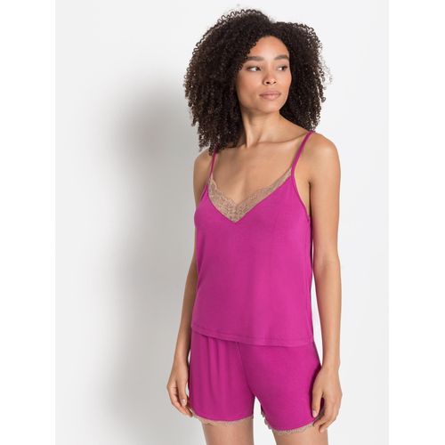 Shorty LASCANA, Damen, Gr. 36/38, pink (magenta), Single Jersey, Obermaterial: 95% Viskose, 5% Elasthan, sexy, figurumspielend kurz, tiefer V-Ausschnitt, ohne Ärmel, Homewear-Sets, mit schönen Spitzendetails