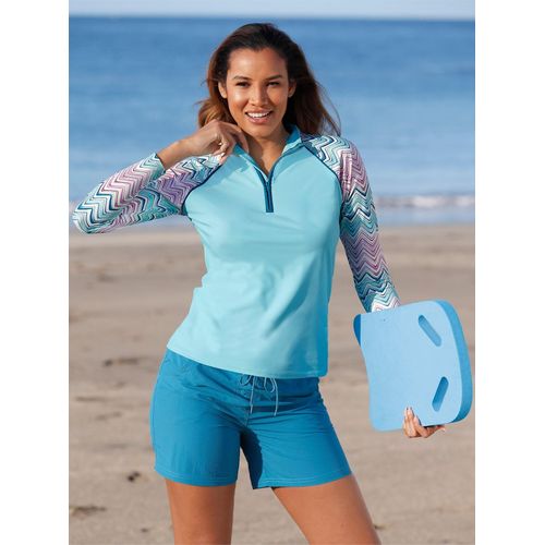 Bade-Shirt, Damen, Gr. 42, N-Gr, bunt (aquamarin, rosé, bedruckt), Elasthan, Polyester, Bikini-Oberteile