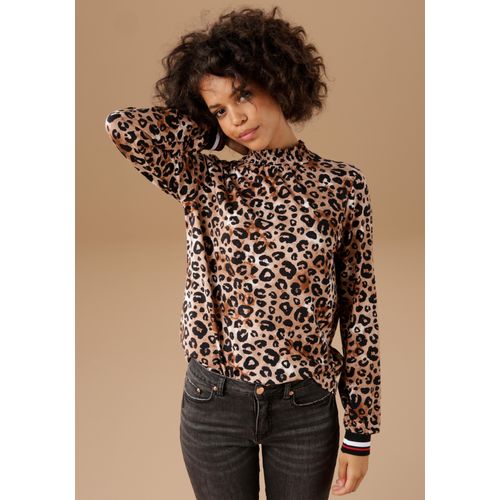 Langarmshirt ANISTON CASUAL, Damen, Gr. 38, bunt (hellbraun, braun, schwarz, sand, weiß, rot), Single Jersey, Obermaterial: 95% Viskose, 5% Elasthan, animal-print, bedruckt, modisch, lässig geschnitten hüftbedeckend, Langarm Rippbündchen, Shirts, mit trendigem Animal-Print und gestreiften Bündchen