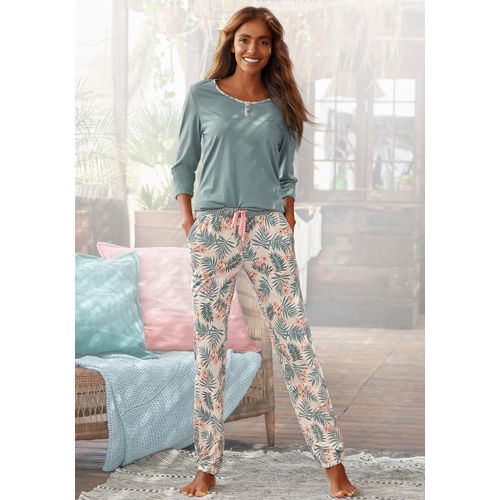 Pyjama LASCANA, Damen, Gr. 40/42, jadegrün, bedruckt, Single Jersey, Obermaterial: 100% Baumwolle, bedruckt, casual, Basic lang, Rundhals, 3/4-Ärmel mit Riegel,mit Aufschlag,eingesetzt, Homewear-Sets, mit gemusterter Hose