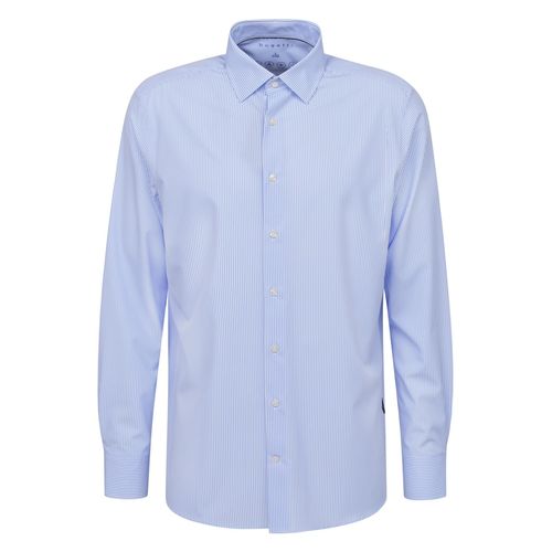 Langarmhemd BUGATTI, Herren, Gr. XL, Normalgrößen, blau (hellblau), 88% Polyester, 12% Elasthan, unifarben, casual, normal, Langarm 2-Knopf-Manschette, Hemden, mit dezenten Streifen