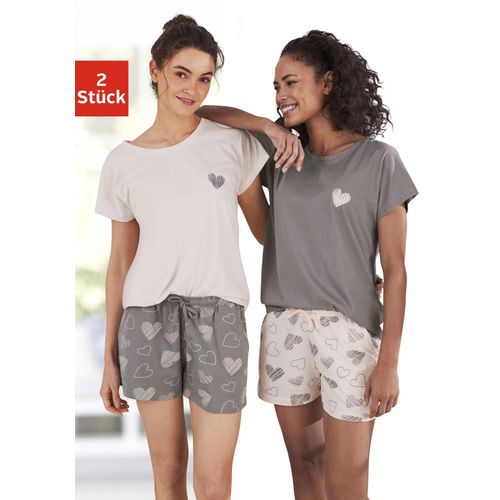 Shorty VIVANCE DREAMS, Damen, Gr. 44/46, rosa (rosa, grau), Single Jersey, Obermaterial: 60% Baumwolle, 40% Polyester, gemustert, Basic, loose fit kurz, Rundhals, Kurzarm angeschnitten abgesteppt, Homewear-Sets, mit süßem Herzprint