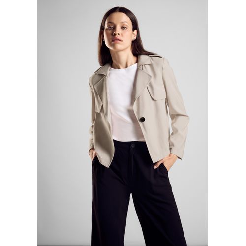 Kurzjacke STREET ONE, Damen, Gr. 46, beige (smooth sand beige), Stoff, 93% Viskose, 7% Polyester, unifarben, casual, gerade kurz, ohne Ausschnitt, Langarm Bündchen, Jacken, mit Reverskragen