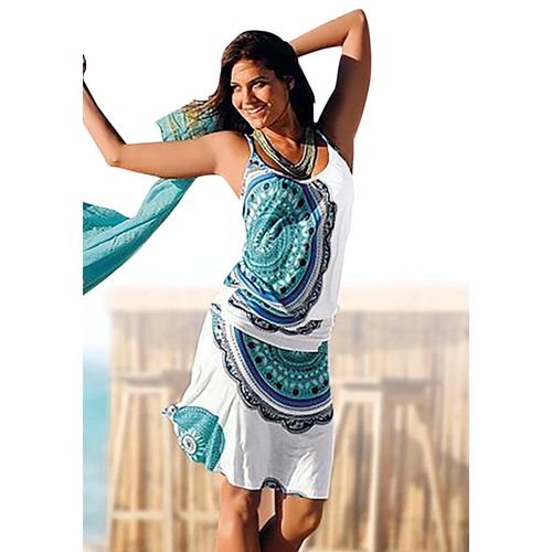 Strandkleid BEACHTIME, Damen, Gr. 38, N-Gr, blau (blau, bedruckt), Jersey, Obermaterial: 100% Viskose, casual, figurumspielend kniefrei, V-Ausschnitt, ohne Ärmel, Kleider, mit Alloverprint und verstellbaren Trägern, Sommerkleid, Jerseykleid