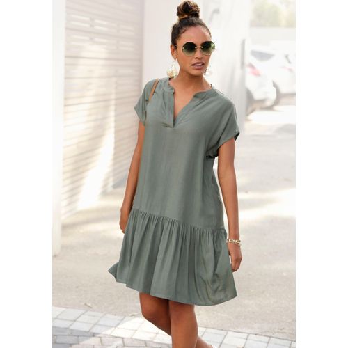 Blusenkleid S.OLIVER, Damen, Gr. 48, N-Gr, grün (khaki), Web, Obermaterial: 100% Viskose, unifarben, modisch, figurumspielend ca. Mitte Oberschenkel, V-Ausschnitt, Kurzarm, Kleider, mit Volant am Rock, Tunikakleid, Sommerkleid, Basic, Topseller