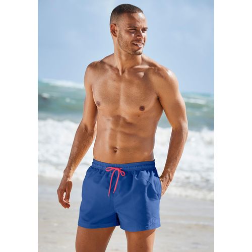 Badeshorts S.OLIVER, Herren, Gr. S (48), N-Gr, blau, Microfaser, Polyester, Microfaser, unifarben, kontrastfarbene Details, Badehosen, mit komplementärem Farbdesign