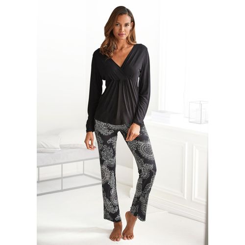 Pyjama VIVANCE DREAMS, Damen, Gr. 40/42, schwarz-weiß (schwarz, weiß, gemustert), Single Jersey, Obermaterial: 100% Viskose, gemustert, Paisley, elegant, Basic lang, tiefer V-Ausschnitt, Langarm eingesetzt, Homewear-Sets, im schwarz-weißen Paisley-Dessin