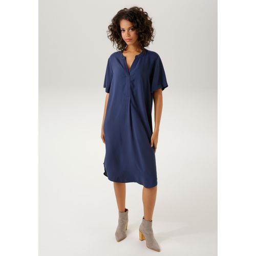 Blusenkleid ANISTON CASUAL, Damen, Gr. 44, N-Gr, blau (marine), Web, Obermaterial: 100% Viskose, unifarben, modisch, lässig geschnitten kniebedeckend, V-Ausschnitt, Kurzarm, Kleider, in trendigen Farben, Topseller