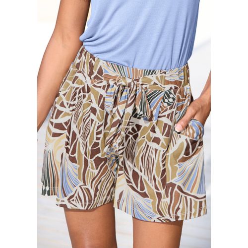 Strandshorts LASCANA, Damen, Gr. 34, N-Gr, bunt (creme, khaki, hellblau, braun bedruckt), Jersey, Obermaterial: 100% Viskose, bedruckt, modisch, figurumspielend kurz, Hosen, mit fixiertem Bindegürtel, kurze Hose mit Alloverprint