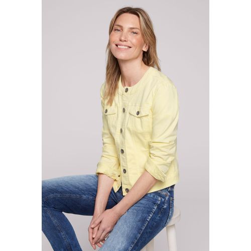 Jeansjacke SOCCX, Damen, Gr. XL, gelb (faded gelb), Material: 66% Baumwolle, 24% Polyester, 8% Elastomultiester, 2% Elasthan, unifarben, casual, tailliert kurz, Langarm eingesetzt 1-Knopf-Manschette, Jacken