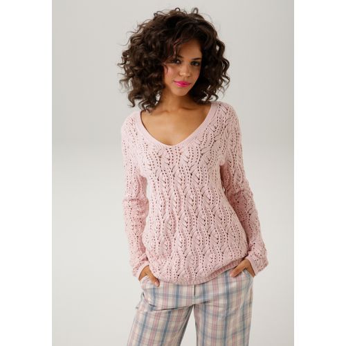 Strickpullover ANISTON CASUAL, Damen, Gr. 42, rosa (rosé), Strick, Obermaterial: 100% Baumwolle, Ajourstrickmuster, unifarben, modisch, figurumspielend hüftlang, V-Ausschnitt, Langarm Rippstrickbündchen, Pullover, mit trendigem Ajour-Muster