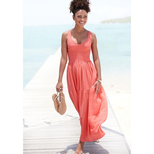 Maxikleid BEACHTIME, Damen, Gr. 34, N-Gr, orange (koralle), Web, Obermaterial: 100% Baumwolle, unifarben, casual, figurumspielend knöchellang, V-Ausschnitt, ohne Ärmel, Kleider, aus gewebter Baumwolle, Sommerkleid mit gestuftem Rock