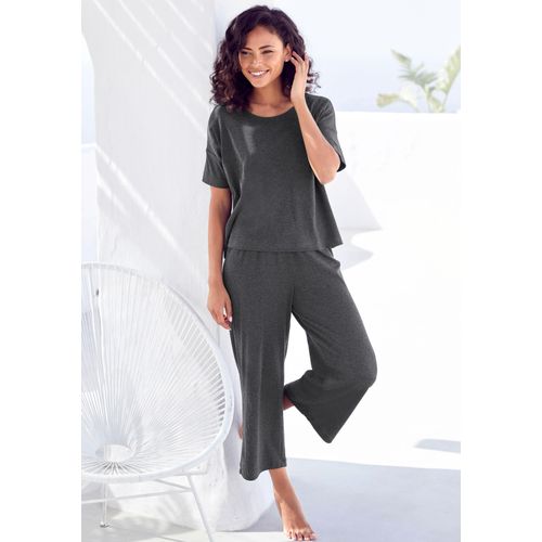 Pyjama VIVANCE DREAMS, Damen, Gr. 32/34, grau (dunkelgrau), Rippware, Obermaterial: 63% Polyester, 33% Viskose, 4% Elasthan, Basic, 7/8-Länge, Kurzarm, Homewear-Sets, in weicher Ripp-Qualität