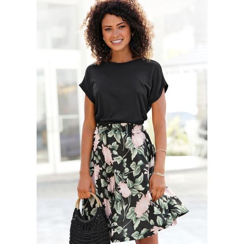 Jerseykleid BUFFALO, Damen, Gr. 38, N-Gr, bunt (schwarz, rosa, bedruckt), Jersey, Obermaterial: 100% Viskose, unifarben, bedruckt, modisch, figurumspielend kniefrei, Rundhals, Kurzarm Aufschlag, Kleider, mit Paperbag-Bund und bedrucktem Rock, kurzes Sommerkleid, Strandkleid