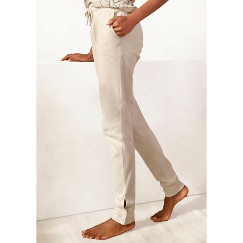 Sweathose LASCANA, Damen, Gr. 48/50, N-Gr, beige (creme), Sweatware, Obermaterial: 100% Baumwolle, unifarben, feminin, Basic schmal lang, Hosen, Loungehose mit Knöpfen am Beinsaum, Loungewear