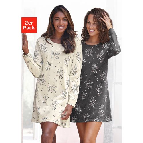Nachthemd VIVANCE DREAMS, Damen, Gr. 32/34, N-Gr, schwarz (anthrazit, beige), Single Jersey, Obermaterial: 100% Baumwolle, gemustert, geblümt, Basic, Basic kurz, Rundhals, Langarm breiter Bund, Kleider, mit feinen Blumenzweigen