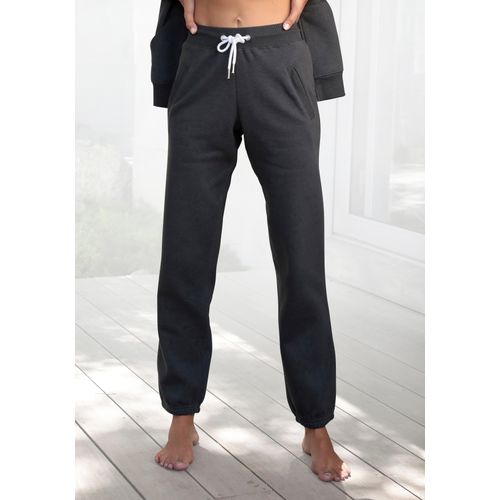 Sweathose H.I.S, Damen, Gr. 40/42, N-Gr, grau (anthrazit), angeraute Sweatware, Obermaterial: 100% Baumwolle, unifarben, Basic, schmal lang, Hosen, mit Eingrifftaschen, Loungeanzug