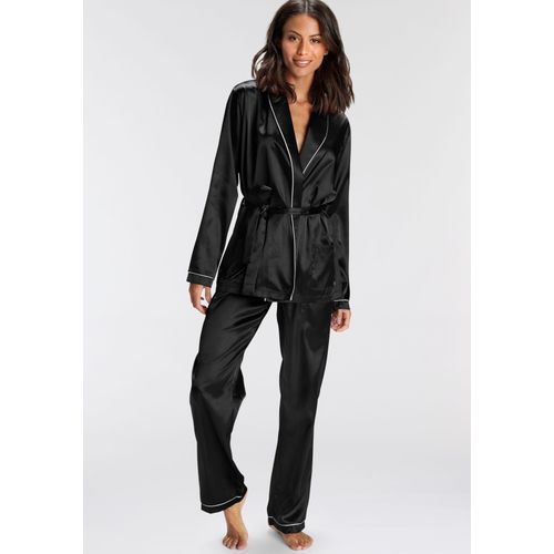 Pyjama BRUNO BANANI, Damen, Gr. 46, schwarz, Obermaterial: 95% Polyester, 5% Elasthan, bequem, V-Ausschnitt, 3/4-Ärmel mit Paspel, Homewear-Sets, mit Kontrastpaspel-Details