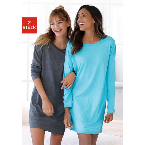 Nachthemd ARIZONA, Damen, Gr. 40/42, N-Gr, bunt (anthrazit, petrol), Single Jersey, Obermaterial: 60% Baumwolle, 40% Polyester, casual, bequem kurz, Rundhals, Langarm Bündchen, Kleider, in melierter Optik