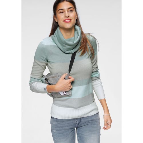 Rollkragenpullover KANGAROOS, Damen, Gr. 32/34 (XS), blau (hellgrau, türkis, gestreift), Strick, Obermaterial: 50% Baumwolle, 50% Polyacryl, casual, figurbetont hüftlang, Langarm Rippbündchen, Pullover Pullover Rollkragenpullover Stehkragenpullover Strickpullover, gestreift mit hohem Stehkragen