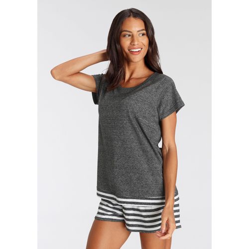 Shorty VIVANCE DREAMS, Damen, Gr. 52/54, schwarz (schwarz geringelt), Single Jersey, Obermaterial: 50% Baumwolle, 50% Polyester, Basic kurz, Rundhals, Kurzarm Raglanärmel, Homewear-Sets, mit Streifen-Details